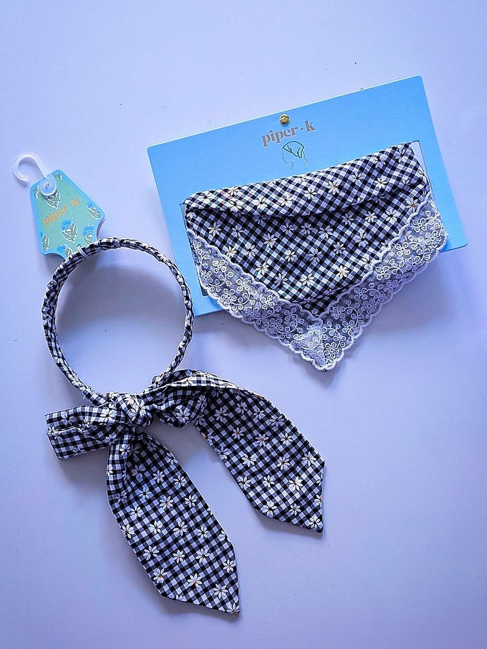 Piper K  Black & White Gingham Headband and Scarf Set